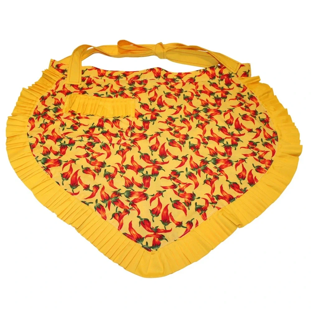 vintage style handmade half apron yellow red chili peppers ruffle pocket OS